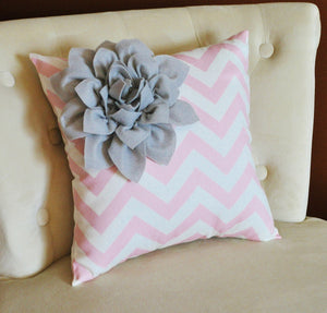 Two Decorative Pillows Gray Corner Dahlia on Light Pink and White Zigzag Pillows - Daisy Manor