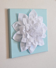 Load image into Gallery viewer, Wall Flower -White Dahlia on Aqua 12 x12&quot; Canvas Wall Art- 3D Felt Flower - Daisy Manor
