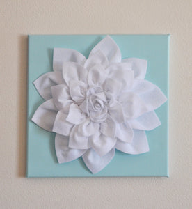 Wall Flower -White Dahlia on Aqua 12 x12" Canvas Wall Art- 3D Felt Flower - Daisy Manor