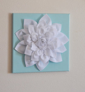 Wall Flower -White Dahlia on Aqua 12 x12" Canvas Wall Art- 3D Felt Flower - Daisy Manor