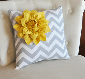 Decorative Pillows Yellow Corner Dahlia on Gray Pillow for Couch 14 X 14 - Throw Pillow - Yellow and Gray Home Decor - - Daisy Manor