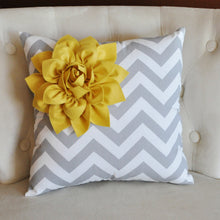 Load image into Gallery viewer, Mellow Yellow Corner Dahlia on Gray and White Zigzag Pillow 14 X 14 -Chevron Flower Pillow- Zig Zag Pillows - Daisy Manor
