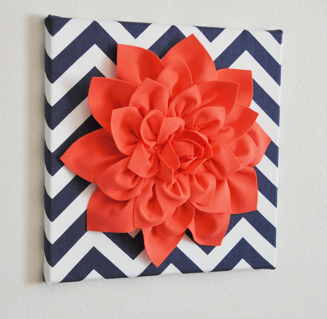 Wall Flower -Coral Dahlia on Navy and White Chevron 12 x12