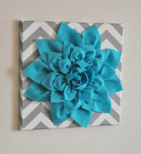 Load image into Gallery viewer, Wall Flower -Light Turquoise Dahlia on Gray and White Chevron 12 x12&quot; Canvas Wall Art- Baby Nursery Wall Decor- - Daisy Manor
