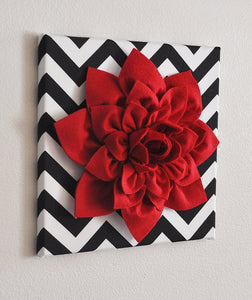 Three Red Wall Flowers -Red Dahlias on Black and White Chevron 12 x12" Canvases Wall Art- Baby Nursery Wall Decor- - Daisy Manor
