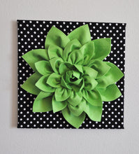 Load image into Gallery viewer, Wall Flower -Chartreuse Green Dahlia on Black and  White Polka Dot 12 x12&quot; Canvas Wall Art- 3D Felt Flower - Daisy Manor
