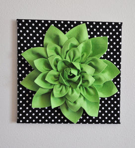 Wall Flower -Chartreuse Green Dahlia on Black and  White Polka Dot 12 x12" Canvas Wall Art- 3D Felt Flower - Daisy Manor