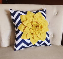 Load image into Gallery viewer, Mellow Yellow Dahlia on Navy and White Zigzag Pillow -Chevron Pillow- - Daisy Manor
