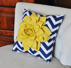 Mellow Yellow Dahlia on Navy and White Zigzag Pillow -Chevron Pillow- - Daisy Manor