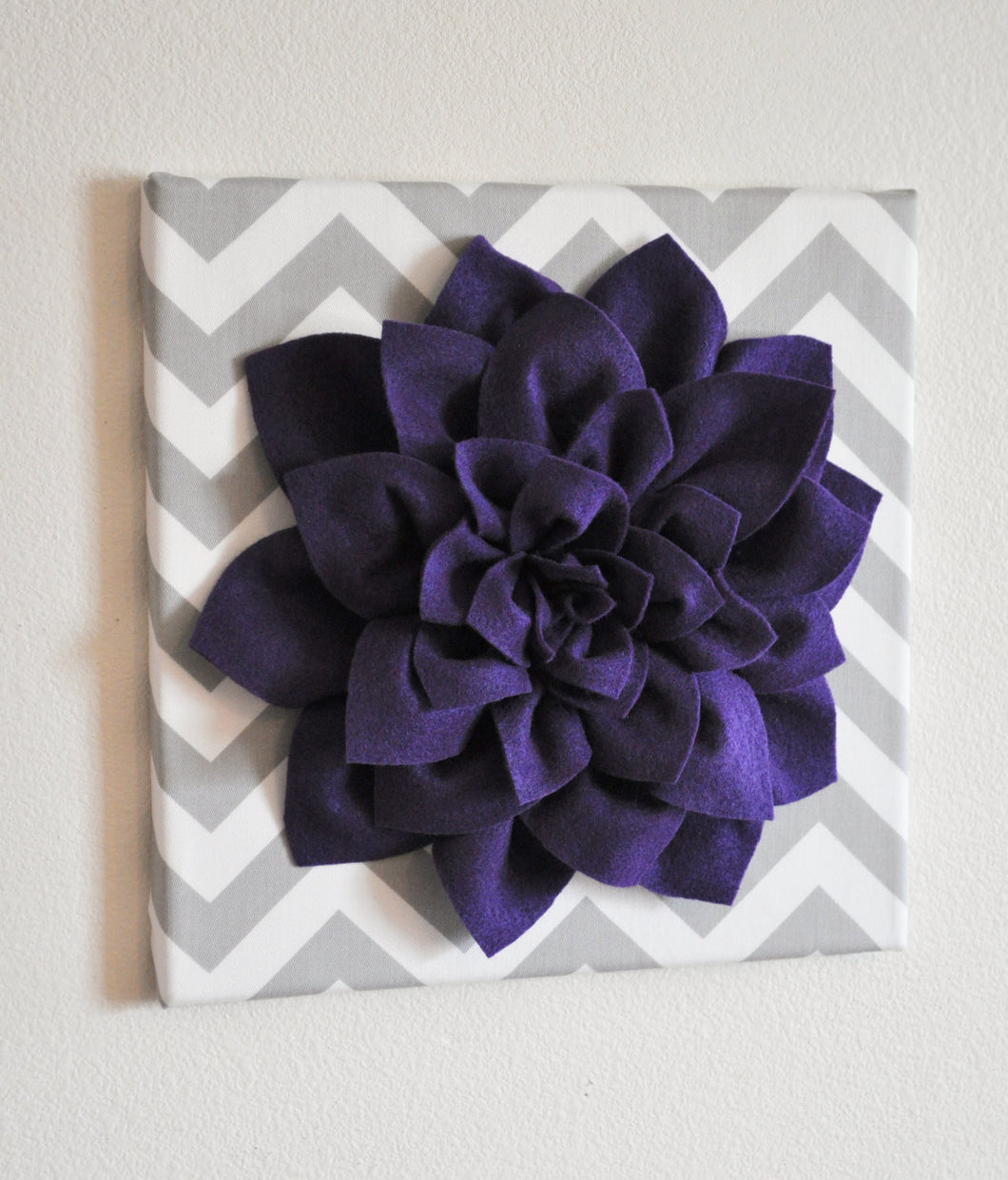 Wall Flower -Deep Purple Dahlia on Gray and White Chevron 12 x12