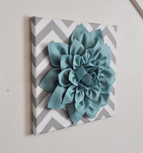 Wall Flower -Dusty Blue Dahlia on Gray and White Chevron 12 x12
