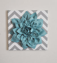 Load image into Gallery viewer, Wall Flower -Dusty Blue Dahlia on Gray and White Chevron 12 x12&quot; Canvas Wall Art- Baby Nursery Wall Decor- - Daisy Manor
