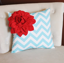 Load image into Gallery viewer, Red Corner Dahlia on Aqua and White Zigzag Pillow -Chevron Pillow- - Daisy Manor

