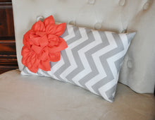 Load image into Gallery viewer, Chevron Lumbar Pillow Coral Dahlia on Gray and White Zig Zag Lumbar Pillow 9 x 16 - Daisy Manor
