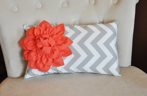 Chevron Lumbar Pillow Coral Dahlia on Gray and White Zig Zag Lumbar Pillow 9 x 16 - Daisy Manor