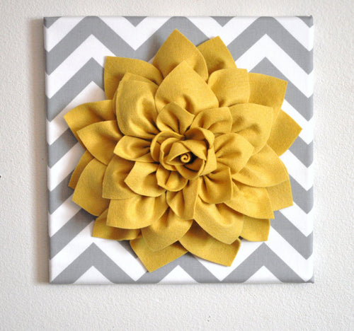 Mellow Yellow Dahlia on Gray and White Chevron 12 x12