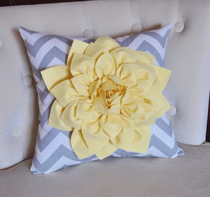 Decorative Pillow- Light Yellow Dahlia on Gray and White Zigzag Pillow -Chevron Pillow- - Daisy Manor