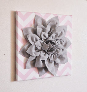 Two Flower Wall Decor -Gray Dahlias on Light Pink and White Chevron 12 x12" Canvases Wall Art- Baby Nursery Wall Decor- - Daisy Manor