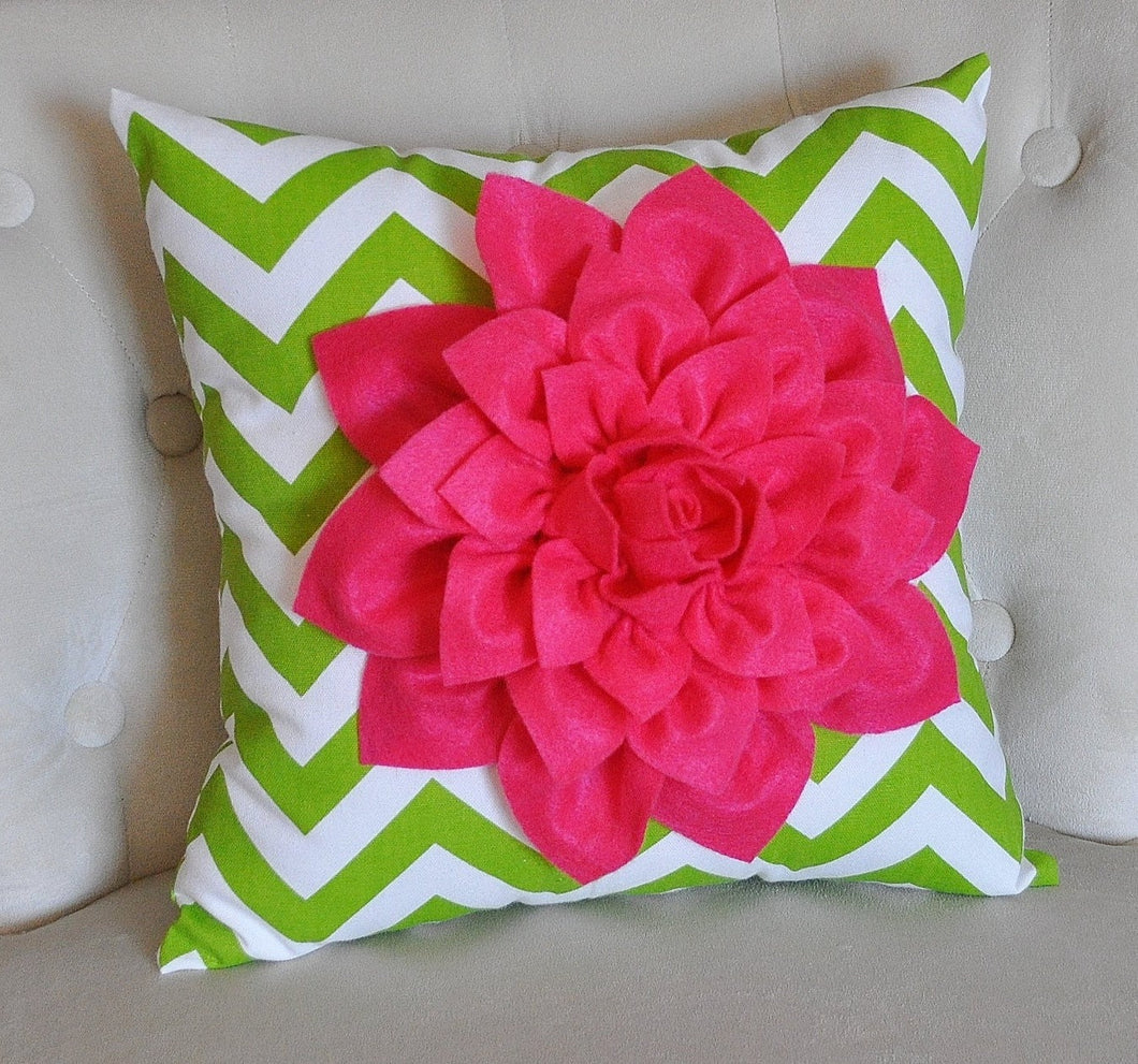 Hot Pink Dahlia on Green and White Zigzag Pillow -Chevron Pillow- - Daisy Manor