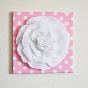 Nursery Wall Decor -White Rose on Pink with White Polka Dot 12 x12" Canvas Wall Art- Flower Wall Art - Daisy Manor