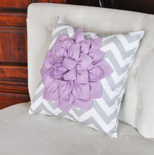 Load image into Gallery viewer, Lilac Dahlia on Gray and White Zigzag Pillow -Decorative Chevron Pillow- - Daisy Manor
