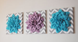 Three Hot Pink and Gray Flower Chevron Canvases - Daisy Manor