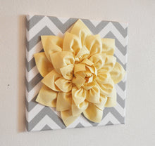 Load image into Gallery viewer, Wall Flower -Light Yellow Dahlia on Gray and White Chevron 12 x12&quot; Canvas Wall Art- 3D Felt Flower - Daisy Manor
