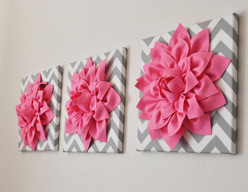 Three Bright Pink Dahlias on Gray and White Chevron - Daisy Manor