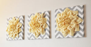 Three Light Pink Dahlia Flowers on Gray and White Damask Canvases - Daisy Manor