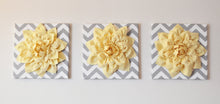 Load image into Gallery viewer, Wall Art -Set Of Three Light Yellow Dahlia on Gray and White Chevron 12 x12&quot; Canvas Wall Art- 3D Felt Flower - Daisy Manor
