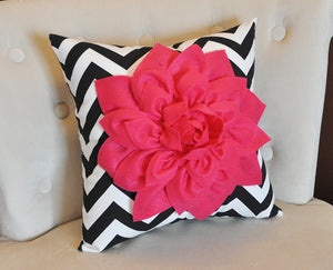 Hot Pink Dahlia on Black and White Zigzag Pillow -Chevron Pillow- - Daisy Manor
