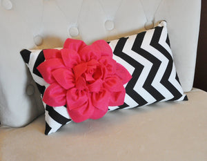 Hot Pink Dahlia on Black and White Zigzag Pillow -Chevron Pillow- - Daisy Manor