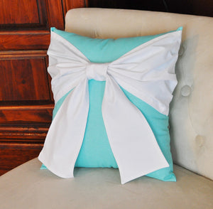 Throw Pillow Hot Pink Bow on Bright Aqua Pillow 14x14 -Aqua Blue Pillow- - Daisy Manor