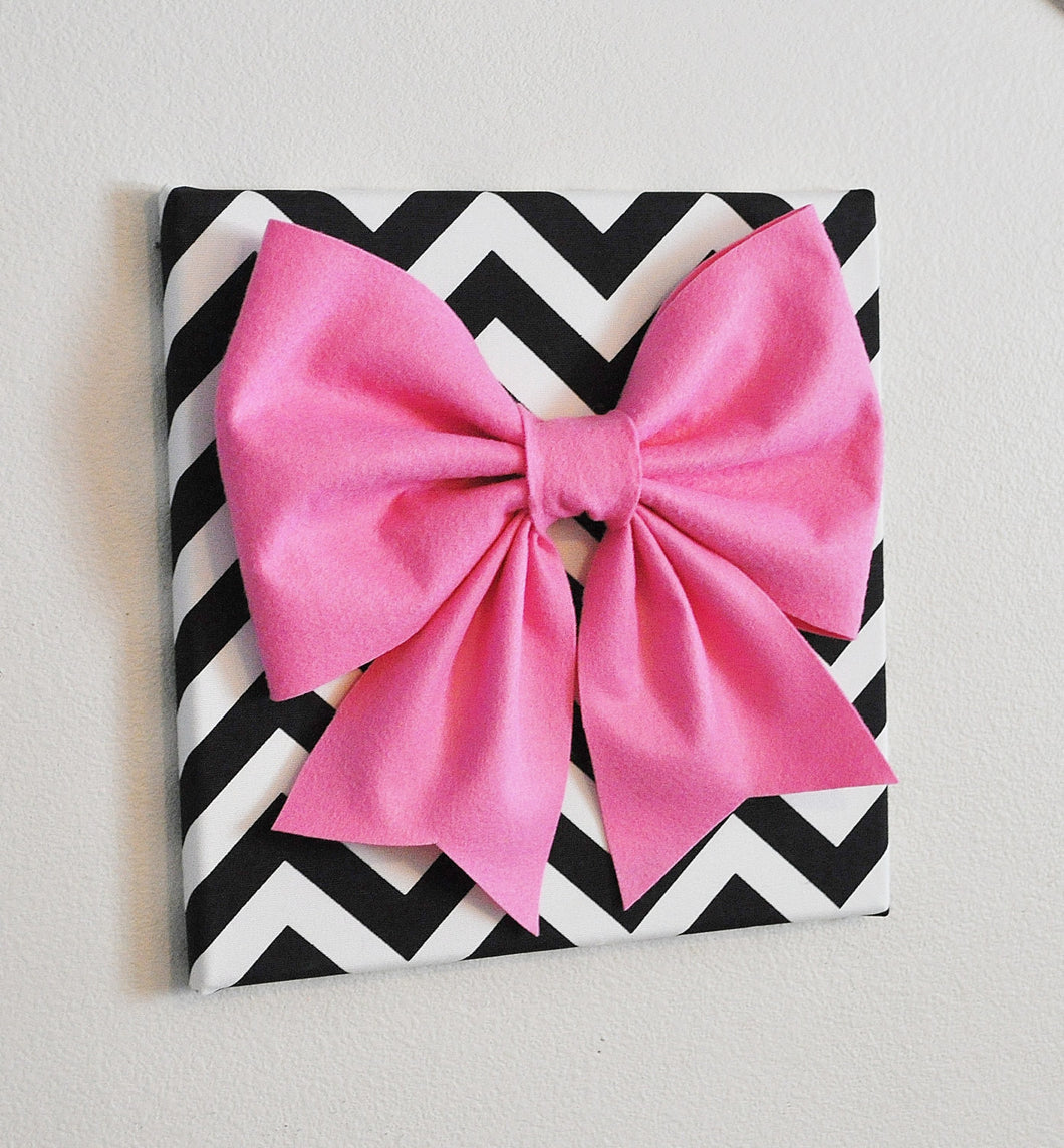 Wall Decor - Large Pink Bow on Black and White Chevron 12 x12