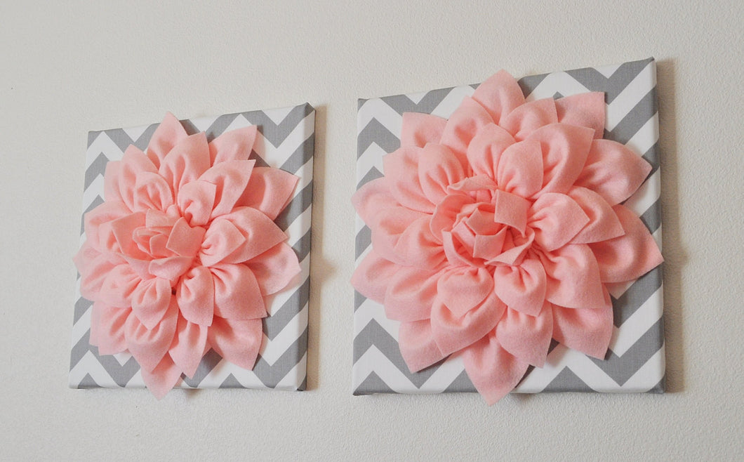 Two Wall Flowers -Light Pink Dahlia on Gray and White Chevron 12 x12