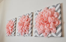 Load image into Gallery viewer, Set of Three White and Light Pink Dahlia and Stripe Canvases - Daisy Manor
