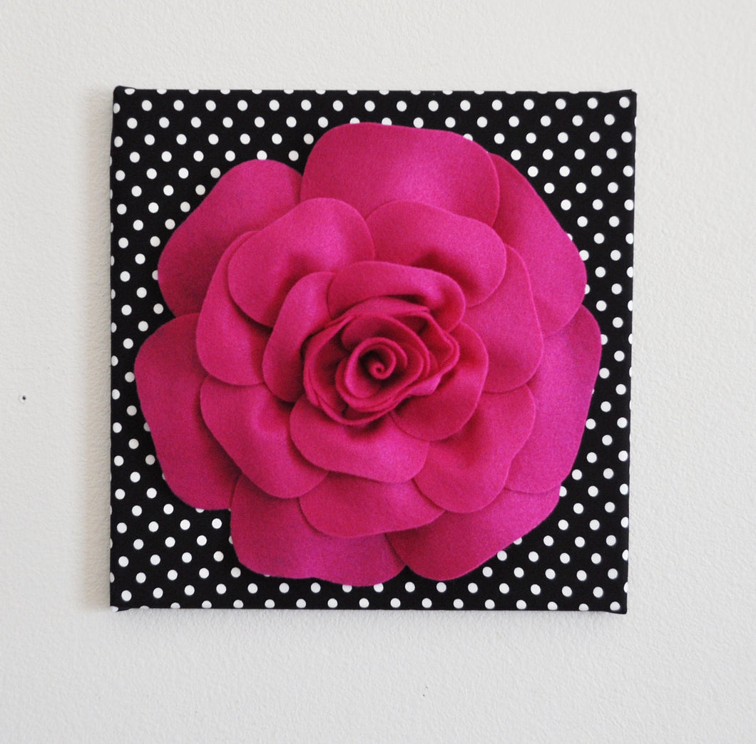 Home Decor - Rose Wall Hanging- Fuchsia  Rose on Black and  White Polka Dot 12 x12
