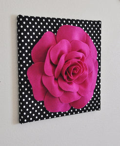 Home Decor - Rose Wall Hanging- Fuchsia  Rose on Black and  White Polka Dot 12 x12" Canvas Wall Art- 3D Felt Flower - Daisy Manor