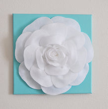 Load image into Gallery viewer, Rose Wall Hanging- White Rose on Aqua Blue Solid 12 x12&quot; Canvas Wall Art- 3D Felt Flower - Daisy Manor
