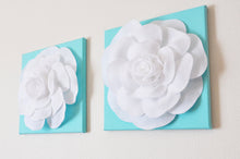 Load image into Gallery viewer, Set Of Three White Roses on Bright Aqua12 x12&quot; Canvas - Daisy Manor
