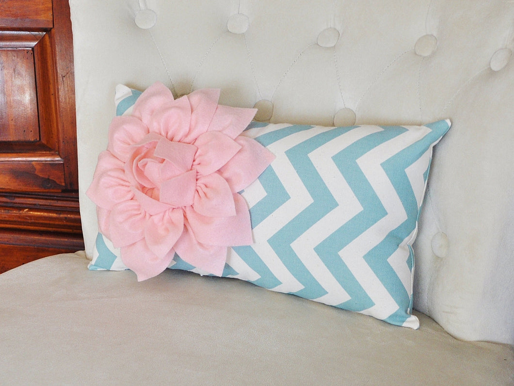 Chevron Lumbar Pillow Light Pink Dahlia on Blue and Natural Zig Zag Lumbar Pillow 9 x 16- Rustic Shabby Chic - Daisy Manor