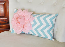 Load image into Gallery viewer, Chevron Lumbar Pillow Light Pink Dahlia on Blue and Natural Zig Zag Lumbar Pillow 9 x 16- Rustic Shabby Chic - Daisy Manor
