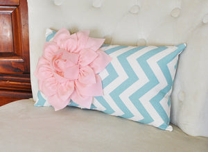 Chevron Lumbar Pillow Light Pink Dahlia on Blue and Natural Zig Zag Lumbar Pillow 9 x 16- Rustic Shabby Chic - Daisy Manor