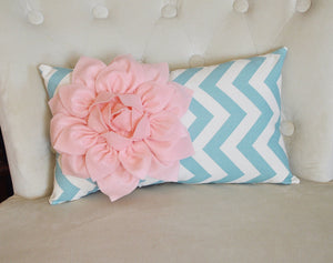 Chevron Lumbar Pillow Light Pink Dahlia on Blue and Natural Zig Zag Lumbar Pillow 9 x 16- Rustic Shabby Chic - Daisy Manor