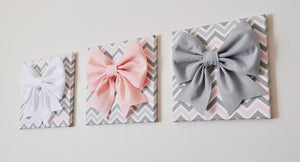 Set of Three Large Light Pink Dahlias and Gray Bow on Pink and Gray Chevron Canvases - Daisy Manor