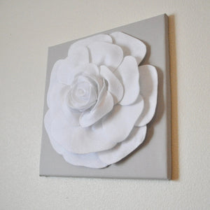 Rose Wall Hanging -White Rose on Solid Light Gray 12 x12" Canvas Wall Art- 3D Felt Flower - Daisy Manor