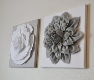 Two Rose Wall Hangings -White Rose on Solid Light Gray 12 x12" Canvases Wall Art- 3D Felt Flower - Daisy Manor