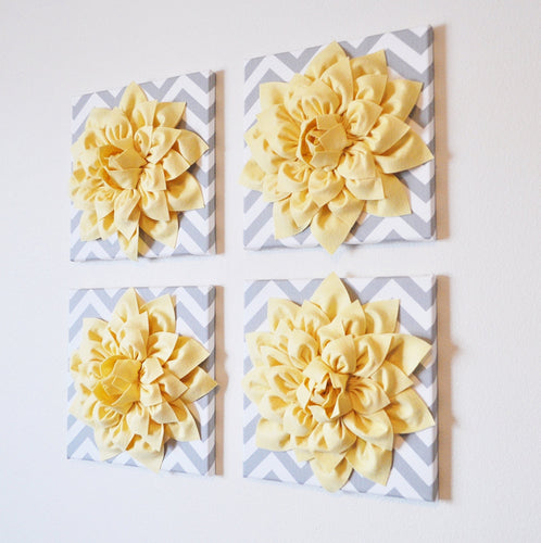 Wall Decor -Set Of Four Light Yellow Dahlias on Gray and White Chevron 12 x12