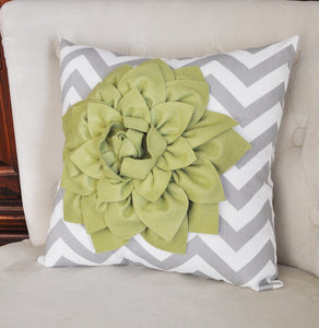 Sage Green Dahlia on Gray and White Zigzag Pillow -Chevron Pillow- - Daisy Manor