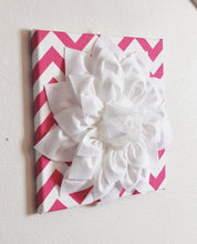 Load image into Gallery viewer, THREE White Dahlia Flowers on Hot Pink and White Chevron Canvases - Daisy Manor
